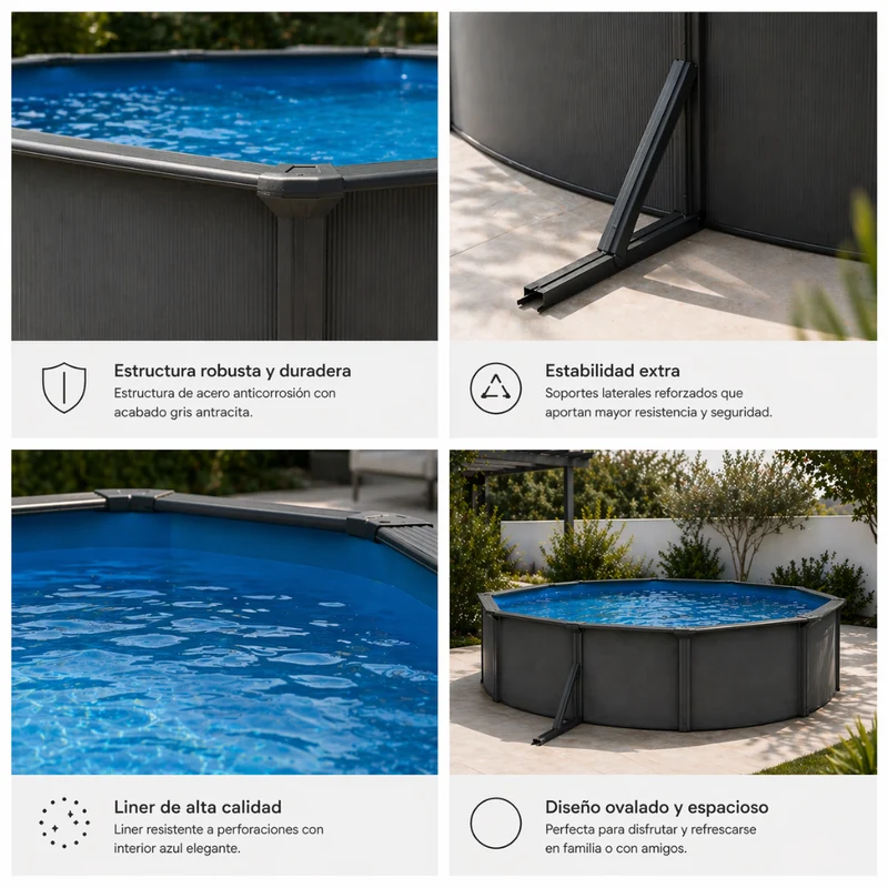 Piscina elevada sin obra de acero ovalada antracita