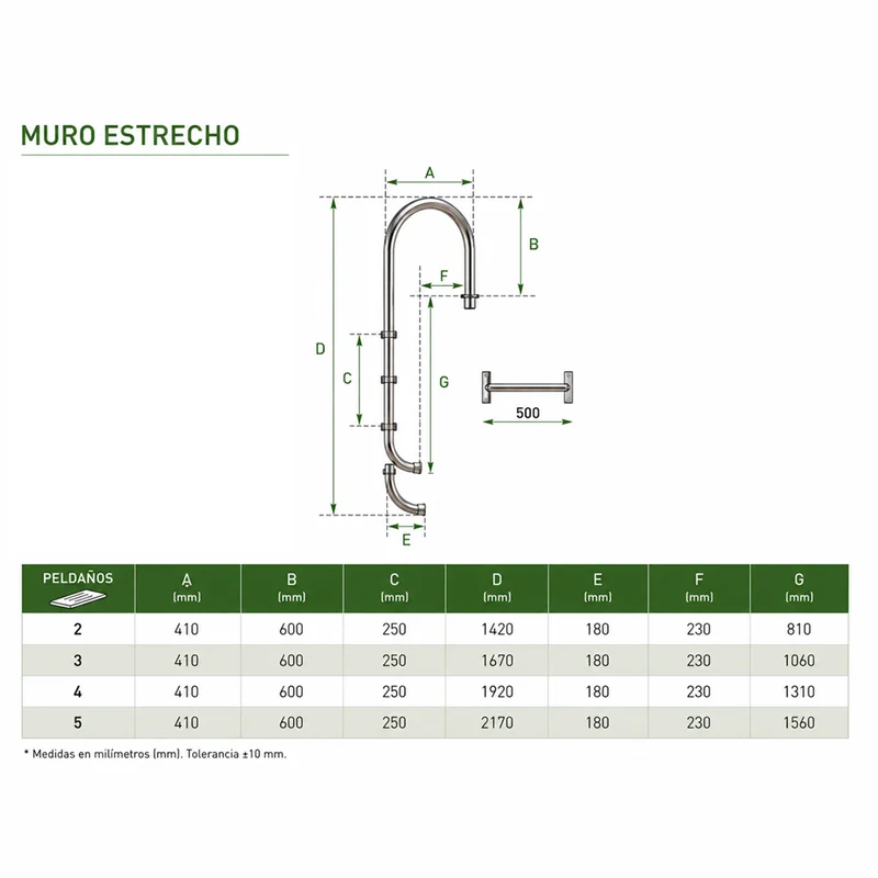 Escalera muro estrecho 5 peldaños acero inoxidable AISI 316 QP 500096FA