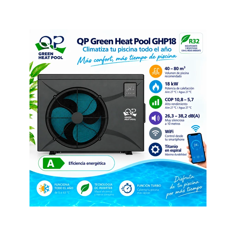 Bomba de calor QP Green Heat Pool GHP18 18 kW para piscinas de 40 a 80 m³