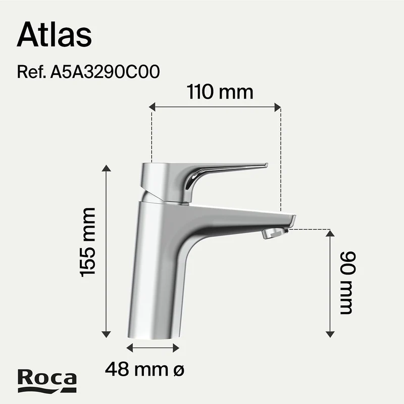 Roca - Mezclador monomando cromado para lavabo con cuerpo liso Atlas A5A3290C00