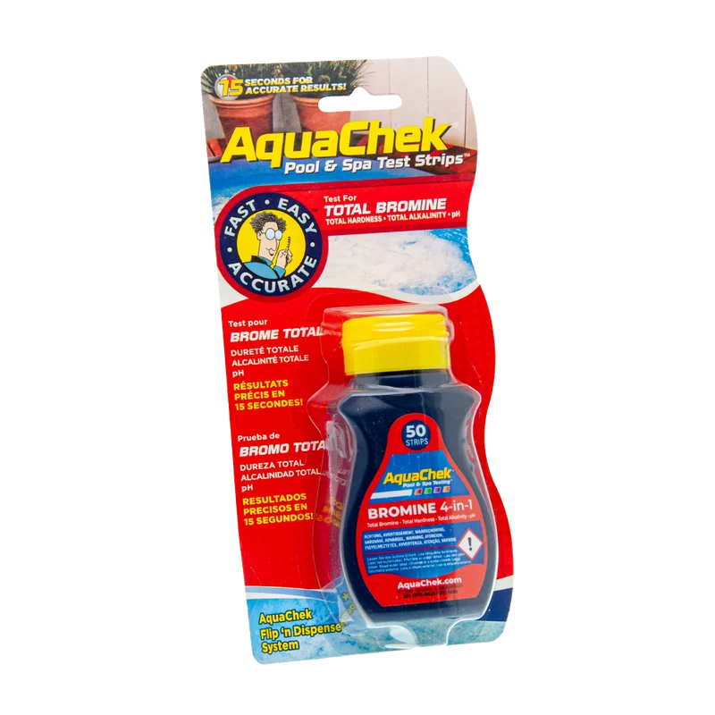 Tiras analíticas Aquachek rojo para bromo, dureza, alcalinidad y pH.