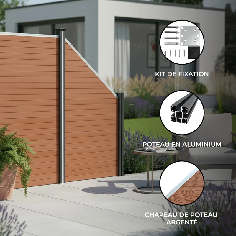 Kit Clôture Panneau Composite Incliné - Marron