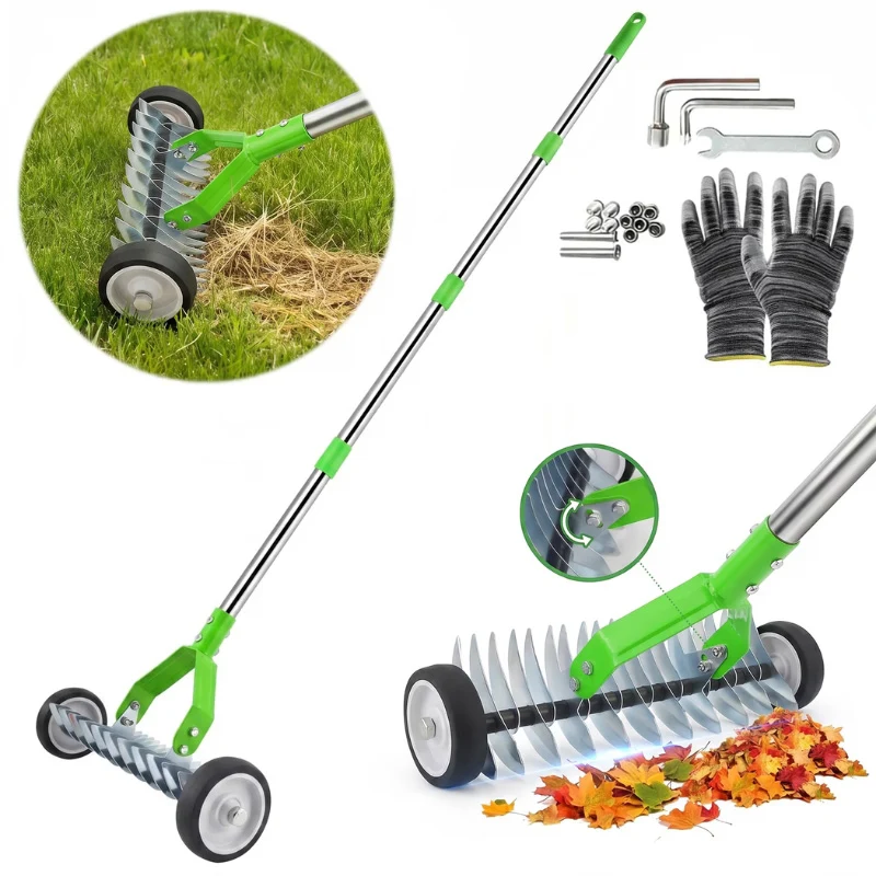 67 Inch Adjustable Thatch Rake with Wheels