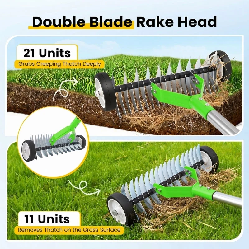 67 Inch Adjustable Thatch Rake with Wheels