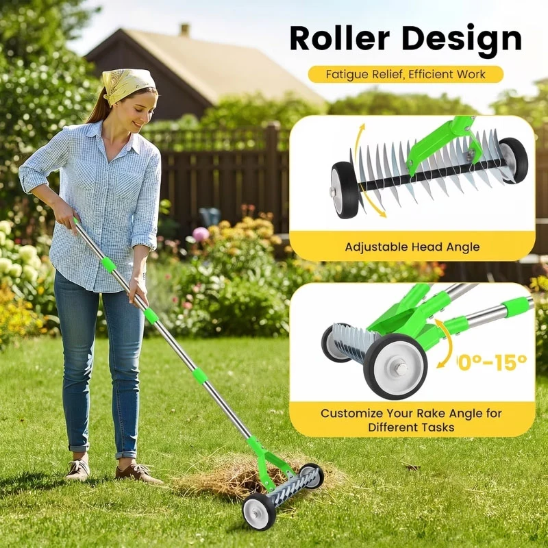 67 Inch Adjustable Thatch Rake with Wheels