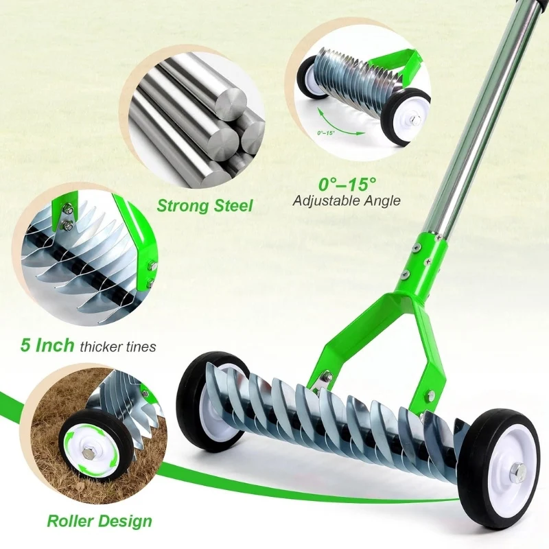 67 Inch Adjustable Thatch Rake with Wheels