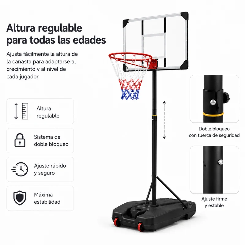 Canasta Baloncesto Portátil Regulable 1,6-2,1m Base con Ruedas
