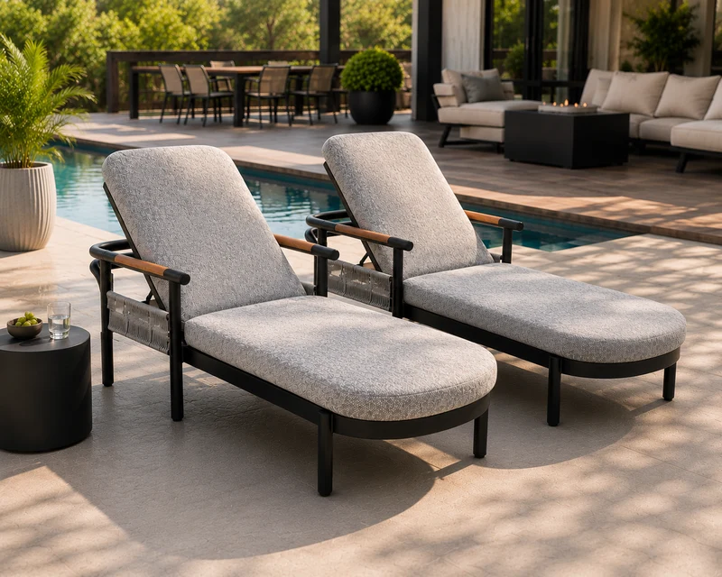 Chaise longue Maho par ATOLL – Aluminium noir avec accoudoirs en teck