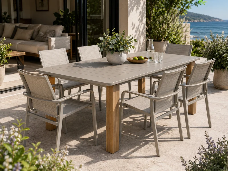 Table de salle à manger extérieure extensible Zena par MOSS – Aluminium sable 39 po x 71 po à 119 po
