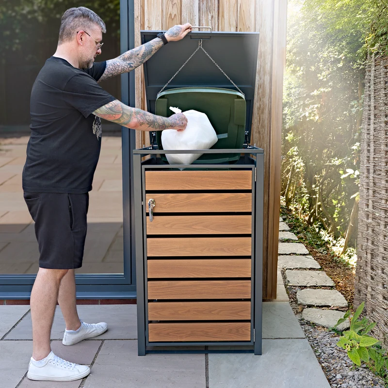 Abri Métallique pour 1 Poubelle à Roulettes - Anthracite et Bois