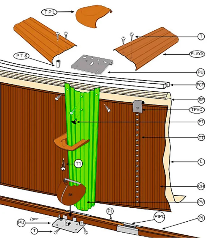 Pack 8 perfiles verticales GRE 129,5 cm madera para piscina desmontable – Ref. PLVW12081295