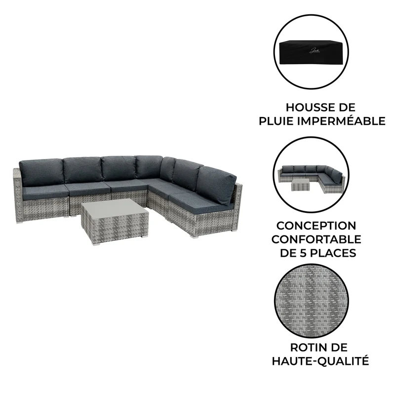 Salon de Jardin Modulaire en Rotin Gris - 7 Pièces