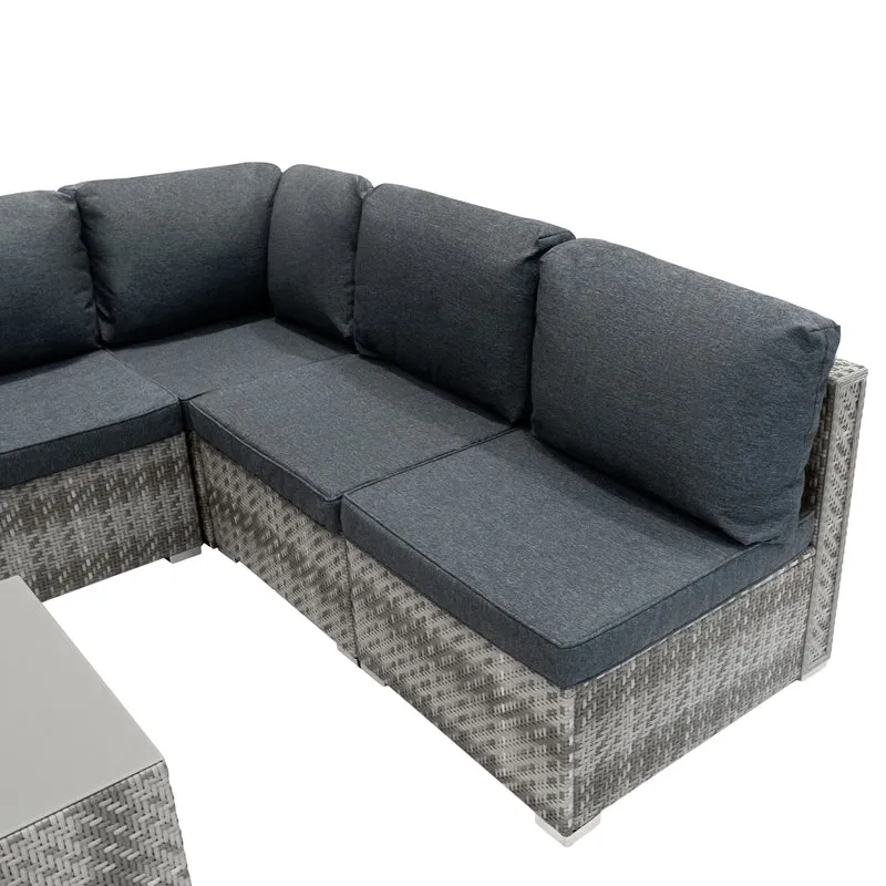 Salon de Jardin Modulaire en Rotin Gris - 7 Pièces