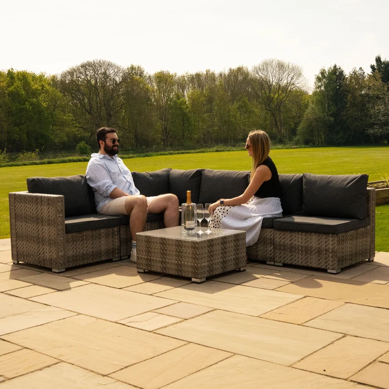 Salon de Jardin Modulaire en Rotin Gris - 7 Pièces