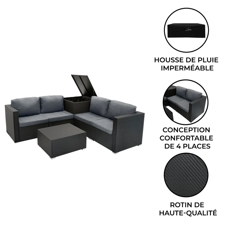 Salon de Jardin Modulaire en Rotin Noir - 6 Pièces
