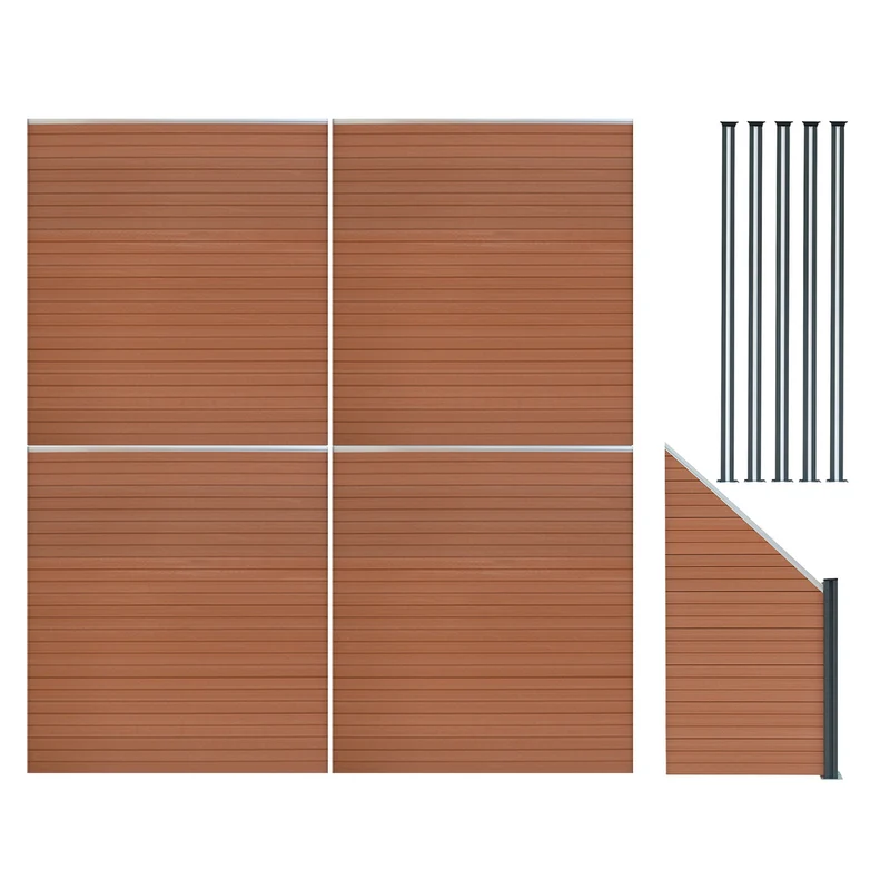 Kit Clôture Panneaux en Composite 4 Quadratique, 1 Incliné & 5 Poteaux à LED - Marron