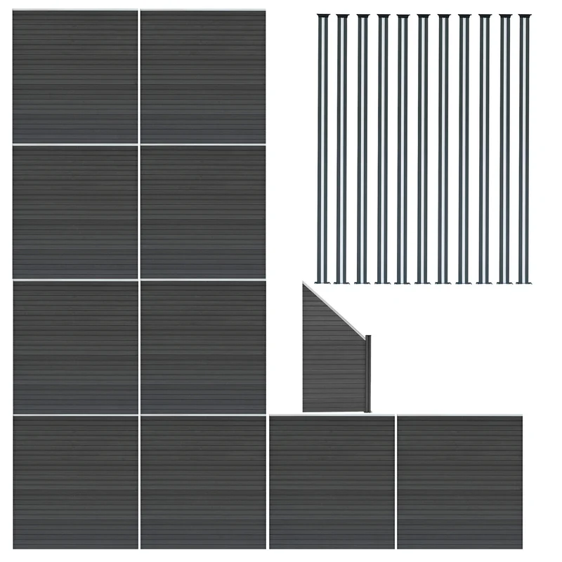 Kit Clôture Panneaux en Composite 10 Quadratique, 1 Incliné & 11 Poteaux à LED - Gris