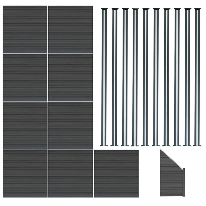 Kit Clôture Panneaux en Composite 9 Quadratique, 1 Incliné & 10 Poteaux à LED - Gris