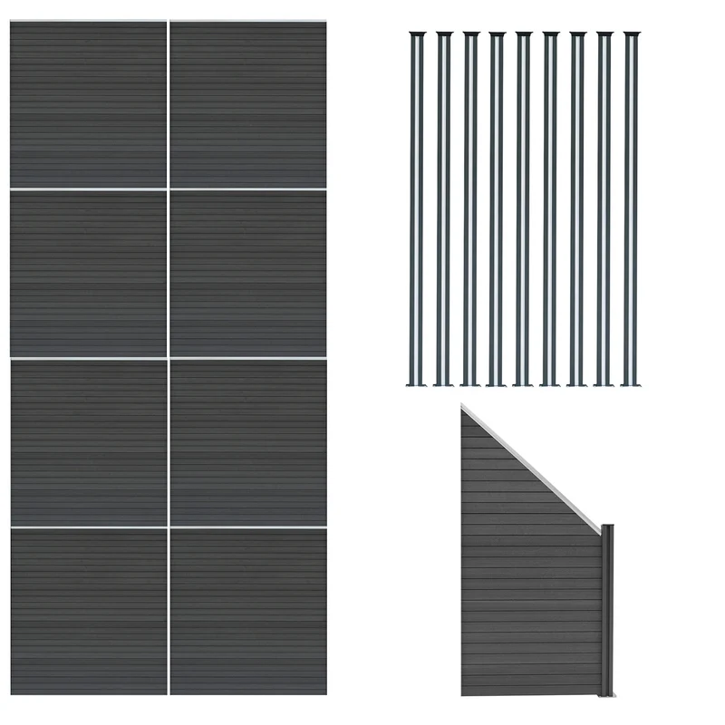 Kit Clôture Panneaux en Composite 8 Quadratique, 1 Incliné & 9 Poteaux à LED - Gris