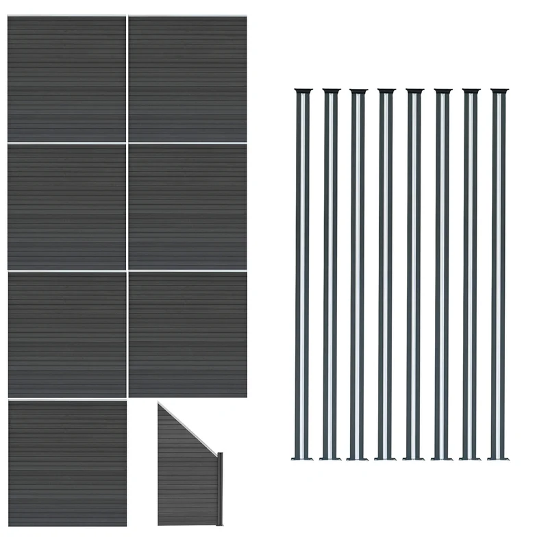 Kit Clôture Panneaux en Composite 7 Quadratique, 1 Incliné & 8 Poteaux à LED - Gris
