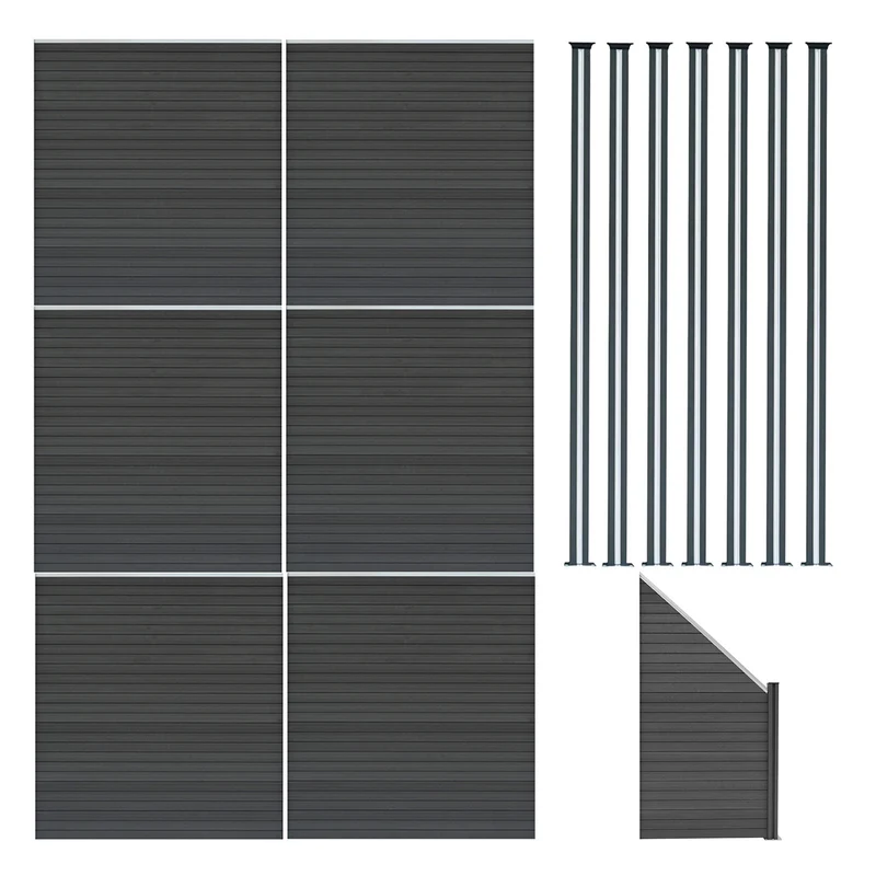 Kit Clôture Panneaux en Composite 6 Quadratique, 1 Incliné & 7 Poteaux à LED - Gris
