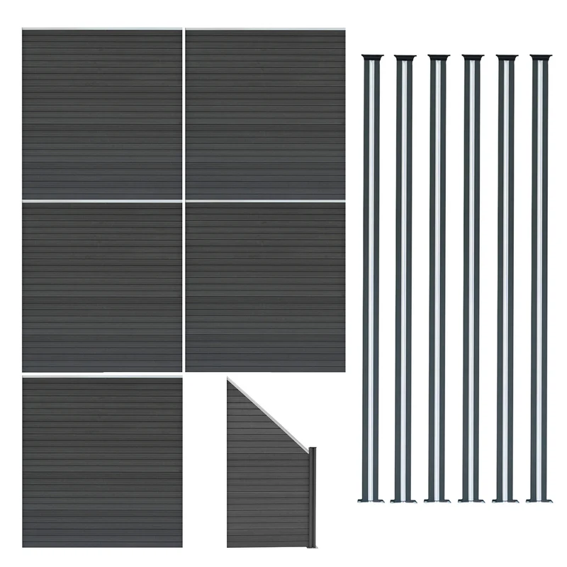 Kit Clôture Panneaux en Composite 5 Quadratique, 1 Incliné & 6 Poteaux à LED - Gris