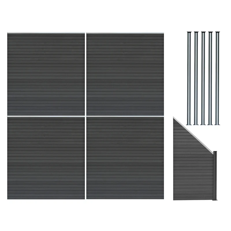 Kit Clôture Panneaux en Composite 4 Quadratique, 1 Incliné & 5 Poteaux à LED - Gris