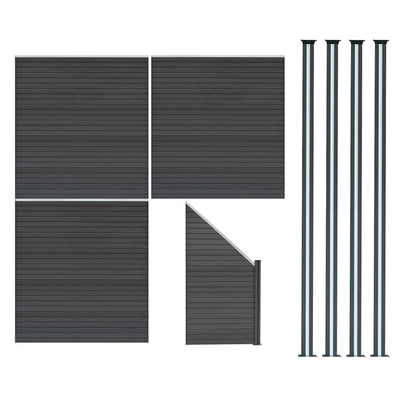 Kit Clôture Panneaux en Composite 3 Quadratique, 1 Incliné & 4 Poteaux à LED - Gris