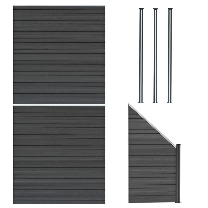 Kit Clôture Panneaux en Composite 2 Quadratique, 1 Incliné & 3 Poteaux à LED - Gris