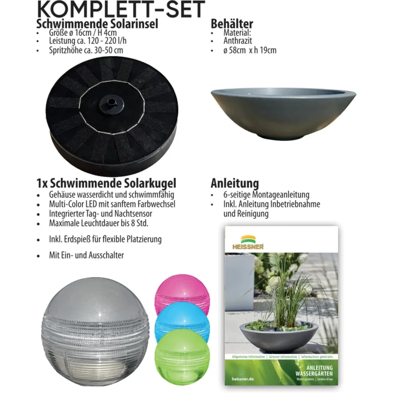Jardin d'eau Solaire - Lotus Garden Kit avec Fontaine - 58 X 58 X 18CM - Gris