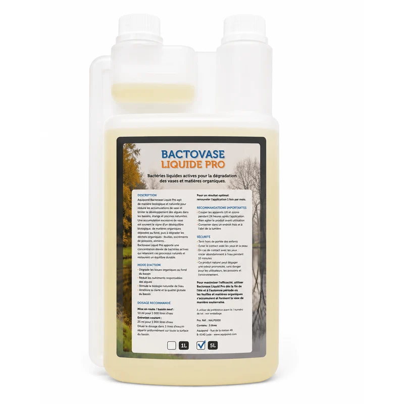 Aquipond Bactovase Liquide - 1L - Agit sur les algues et la vase - Bactéries d'automne - Traite 20M³