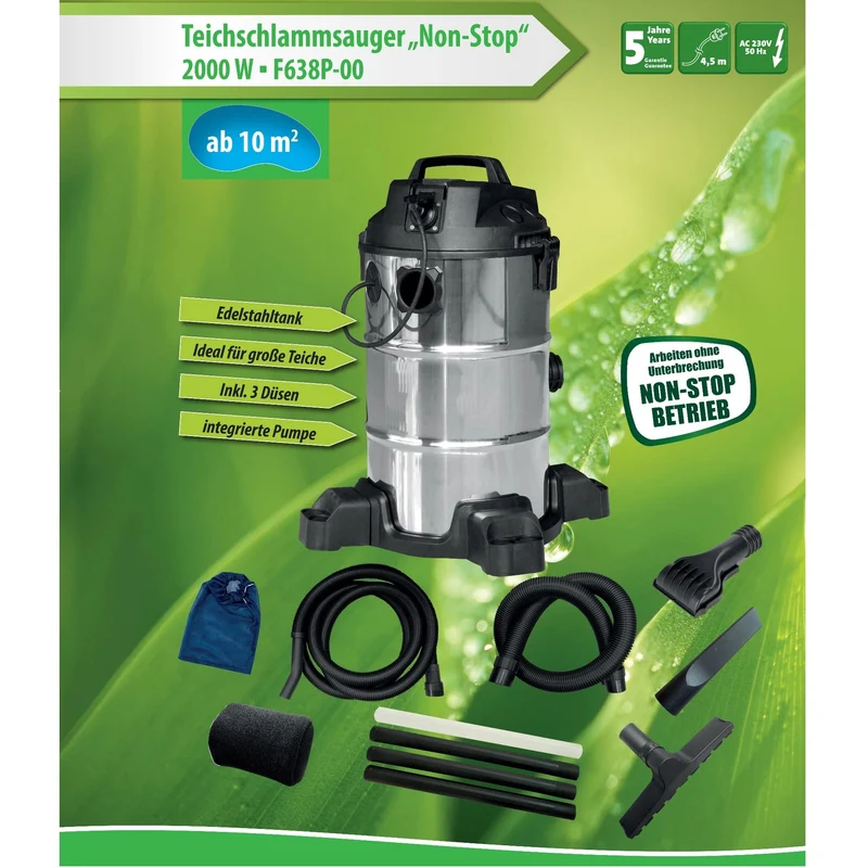 Aspirateur Inox Pro pour étang et bassin - Fonctionne NON-STOP 1400W - Vase et boues de l’etang
