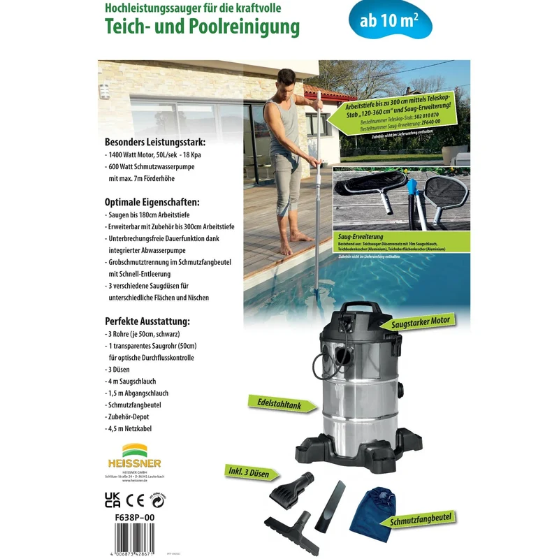Aspirateur Inox Pro pour étang et bassin - Fonctionne NON-STOP 1400W - Vase et boues de l’etang
