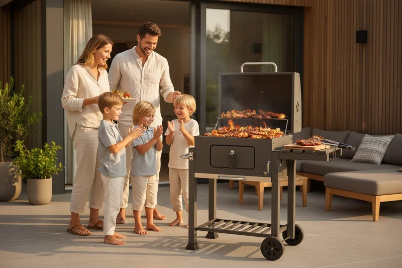 Barbacoa de carbón con ruedas para jardín y terraza con parrilla 57x42 cm