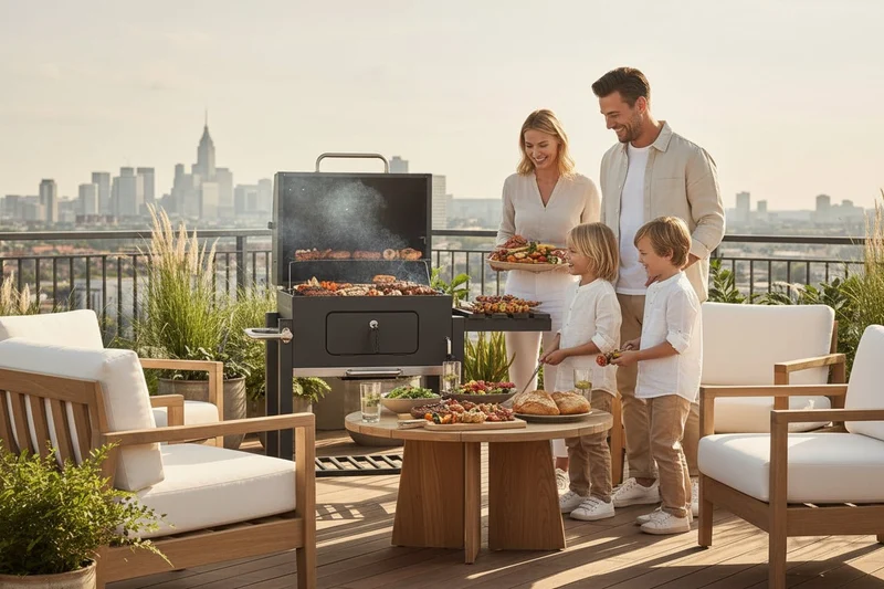 Barbacoa de carbón con ruedas para jardín y terraza con parrilla 57x42 cm