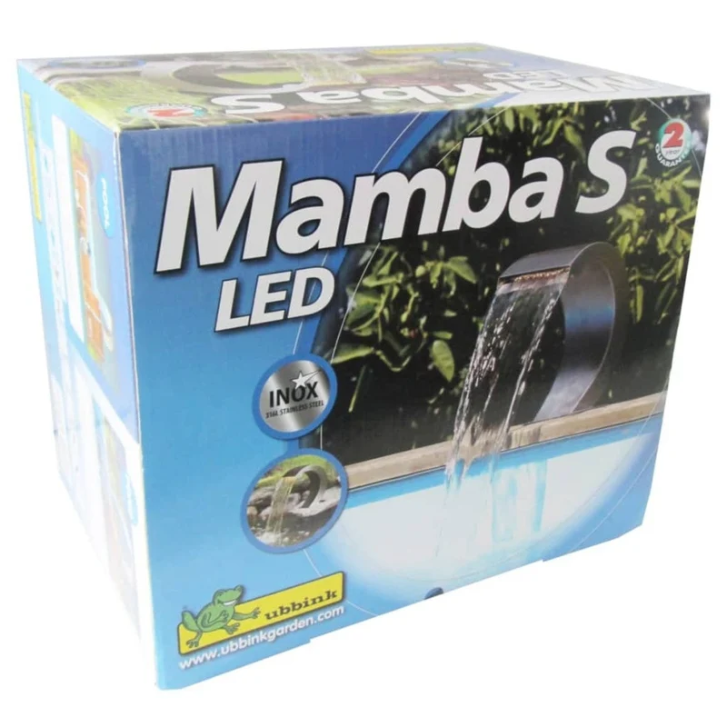 MAMBA® S LED - cascade Etang & Piscine - inox 316L, incl. accessoires de raccordement 1" - LED strip 14 cm 1x9 blanc froid, transfo AC 12V/DE-06-12W, Lumen 60, EEK A+, 1 Watt - H24 x 27,5 x 13,5 cm