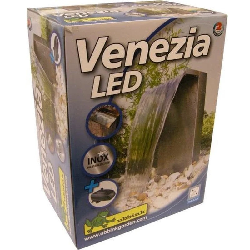 VENEZIA - cascade, inox 304, 3400 l/h, tuyau et acc. de raccordement - LED strip 30 cm 1x20 blanc froid, transfo AC 12V/DE-06-12W, Lumen 180, EEK A+, 2,5 Watt - H50 x 36,5 x 9 cm