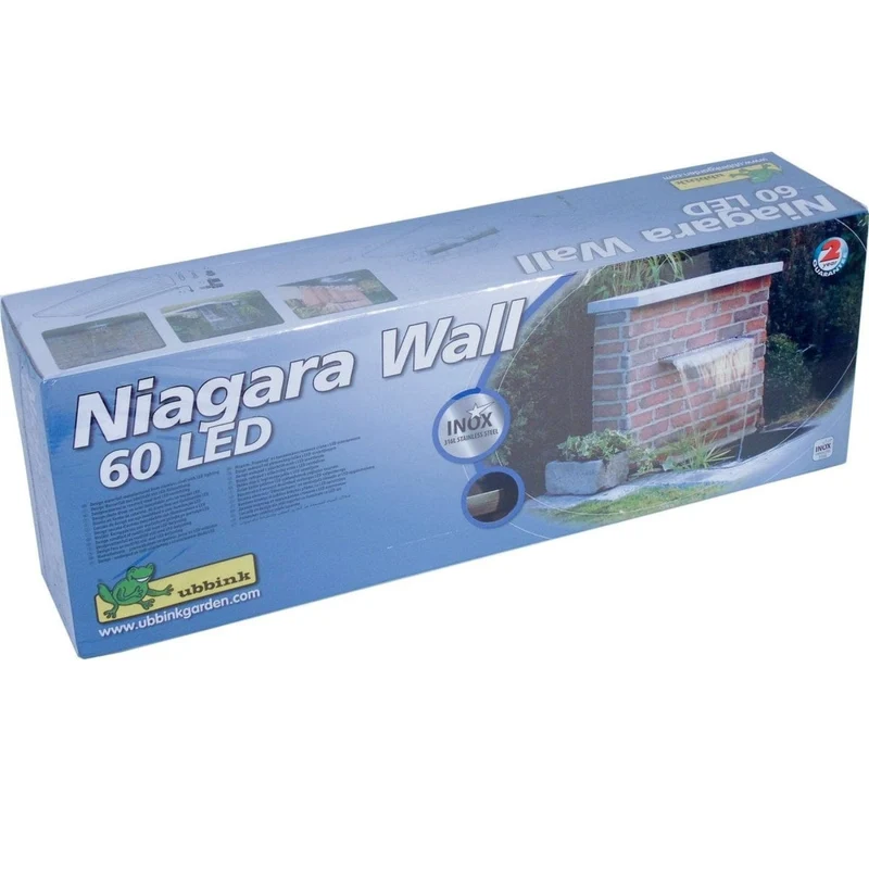 Niagara® Wall 60 LED - lame d'eau - Inox 316L avec raccords filetés Ø25 mm/1" - LED strip 60 cm 1x35 blanc froid, transfo AC 12V/DE-06-12W, Lumen 240, EEK A+, 4 Watt - H10 x 60 x 20 cm