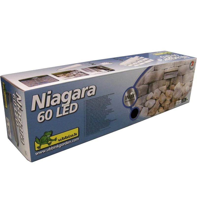 Niagara® 60 LED - lame d'eau - Inox 304 avec raccords filetés Ø25 mm/1" - LED strip 60 cm 1x35 blanc froid, transfo AC 12V/DE-06-12W, Lumen 240, EEK A+, 4 Watt - H10 x 60 x 12,5 cm
