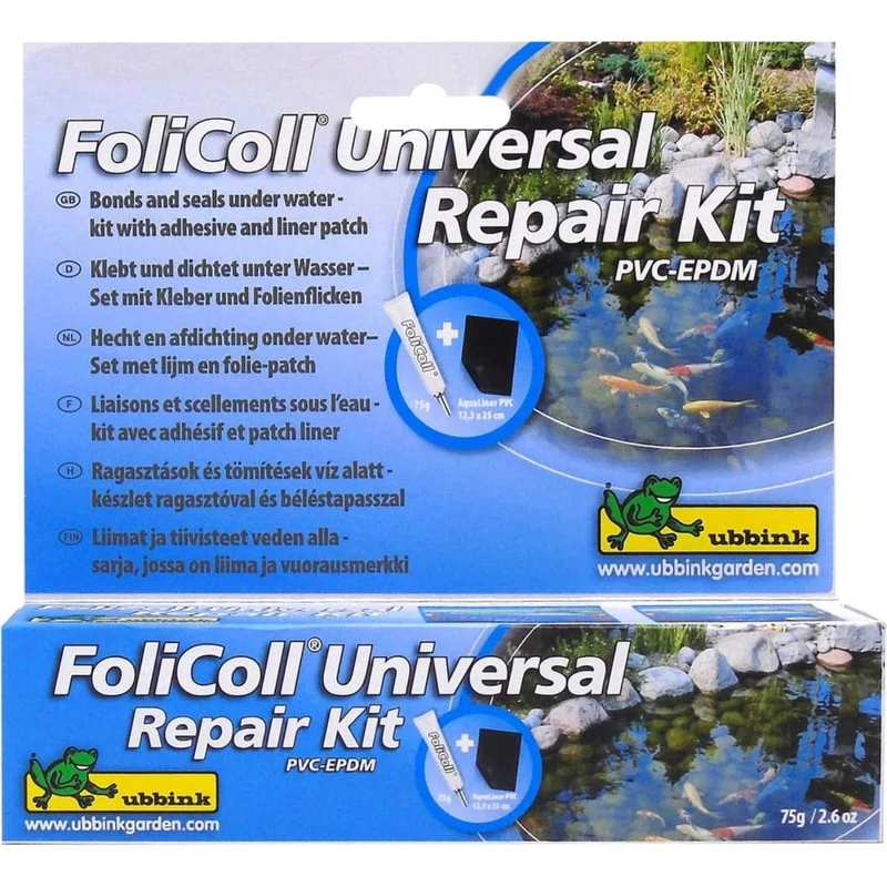 FoliColl Universal PVC-EPDM / Repair Kit - colle ou colmate sous/hors l'eau pour bâches de bassin Aqualiner-PVC ou Aquaflexiliner-EPDM, surface de pose +/- 3m², exempt de solvants, isocyanates et silicone. Livré avec son patch prédécoupé (Aqualiner® PVC -