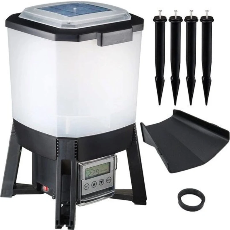 Distributeur automatique de nourriture pour poissons - énergie solaire (batterie 2200 mAh), réservoir 6 l, taille aliments 3-10 mm, intervalle d'alimentation : 1 à 6 ration(s)/jour avec réglage jusqu'à 20 sec., distribution nourriture horizontale à 120? a