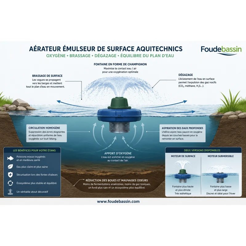 Aérateur de surface haute performance pour étang naturel - Aquitechnics - Émulseur pour étang
