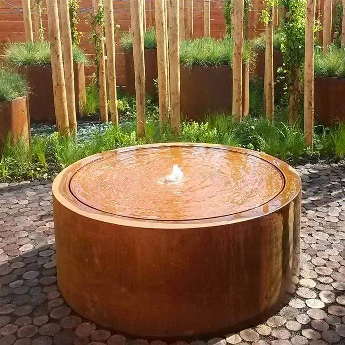Table d'eau rond en acier corten 100 x 40CM - Avec 1 fontaine + LED
