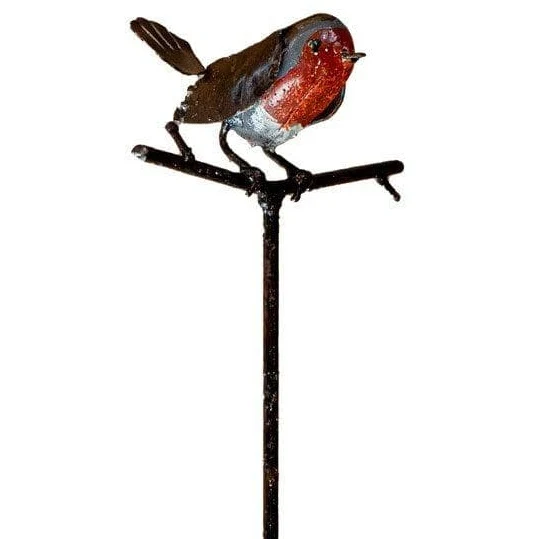 Tuteur Rouge gorge - Oiseau décoratif en métal recyclé