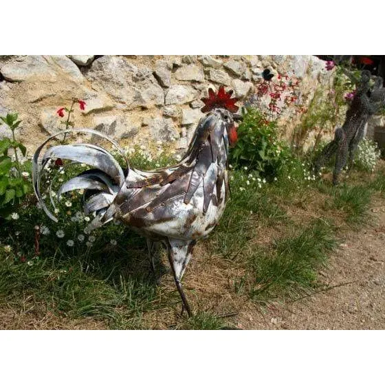 Coq PM blanc - Oiseau décoratif en métal recyclé