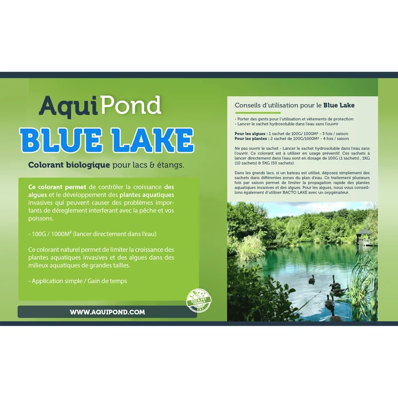 Aquipond Blue Lake 10 – 1kg (10 sachets) jusqu'à 10000M² – Colorant naturel pour lutter contre les algues et les plantes invasives