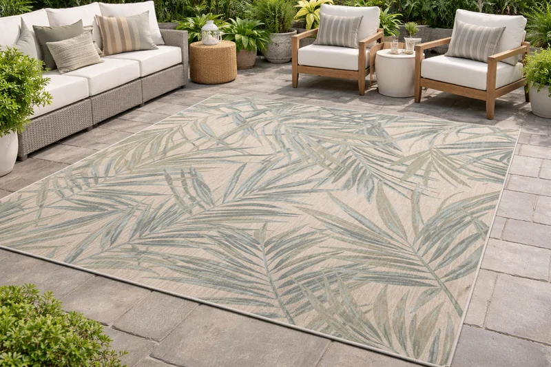Tapis extérieur Paradise Cove 100 % polyester recyclé – Motif feuilles contemporain