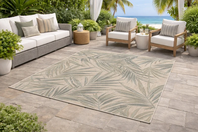 Tapis extérieur Paradise Cove 100 % polyester recyclé – Motif feuilles contemporain