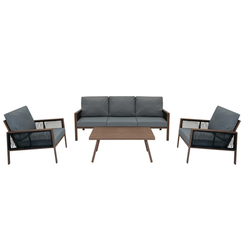 Lot de Salon de Jardin 4 Pièces en Aluminium Effet Bois & Coffre de Rangement 582 L en Rotin Noir
