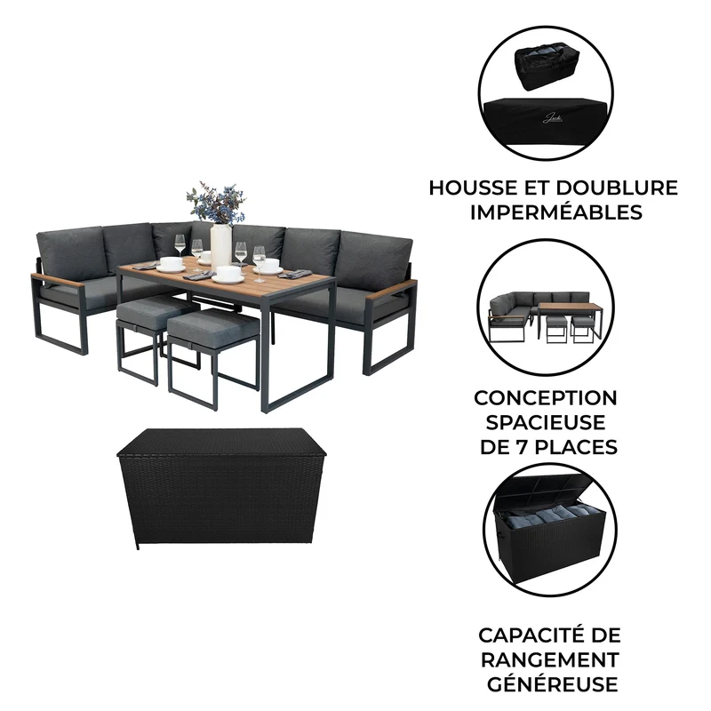 Lot de Salon de Jardin 5 Pièces en Aluminium Effet Bois & Coffre de Rangement 582 L en Rotin Noir